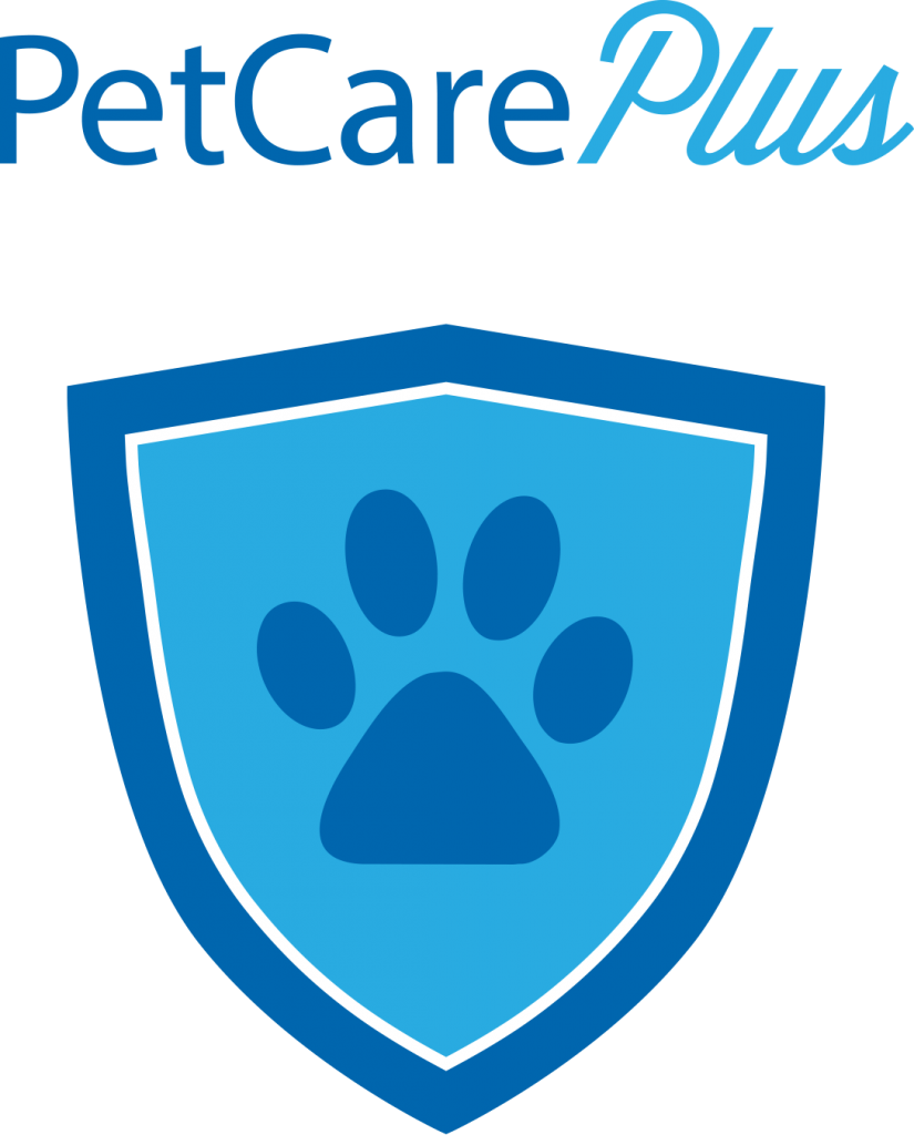 Pet Care Plus logo blue shield with a dark blue paw print